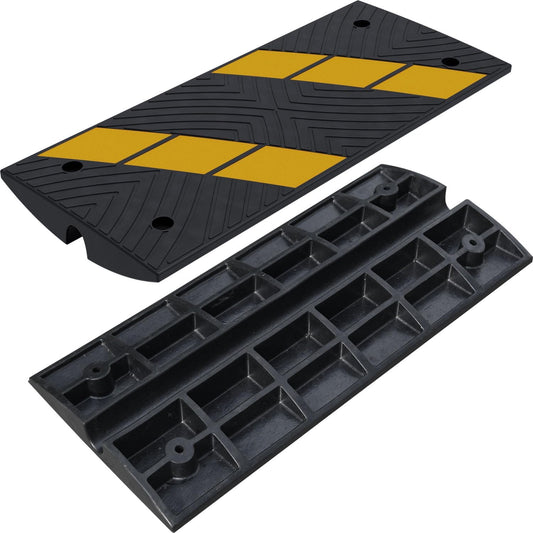Front and bottom views Made of Durable Tire Rubber ; Yellow Reflective Stripe increase Visibility; 1 Channels underneath for running cable; Support up to 20,000 pounds;