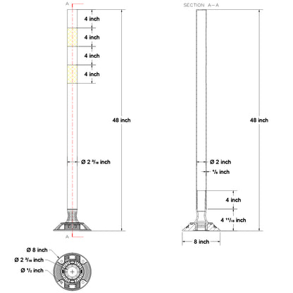 48Inch Flexible Surface Mount Delineator Post 2D Product dimensions