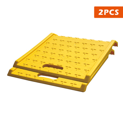 Portable Curb Ramp 2PCS Made of tough Polymer with light weight; Anti-Slip Pattern Design; 4"- 6" height curb; Supports up to 10000 lbs; Color yellow, strong visibility；