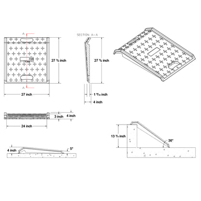 Portable Curb Ramp 2D Product dimensions.