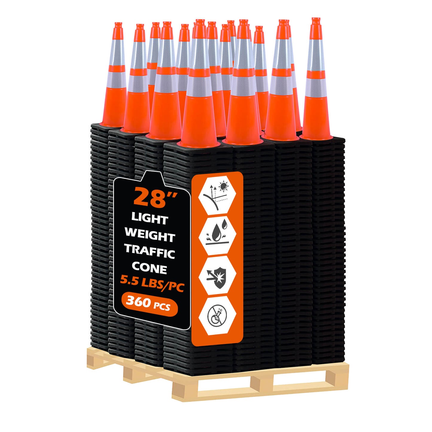 Heavy-Duty Traffic Cones 12/18/28/36 Inch, PVC Safety Cone with Reflective Stripe