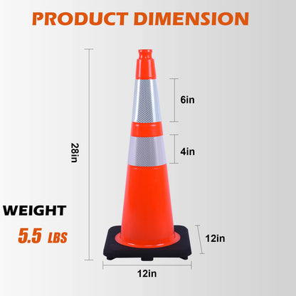Heavy-Duty Traffic Cones 12/18/28/36 Inch, PVC Safety Cone with Reflective Stripe